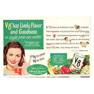 1950 V8 Vegetable Juice Cocktail Vintage Print Ad Jeanne Crain 50s Wall Art